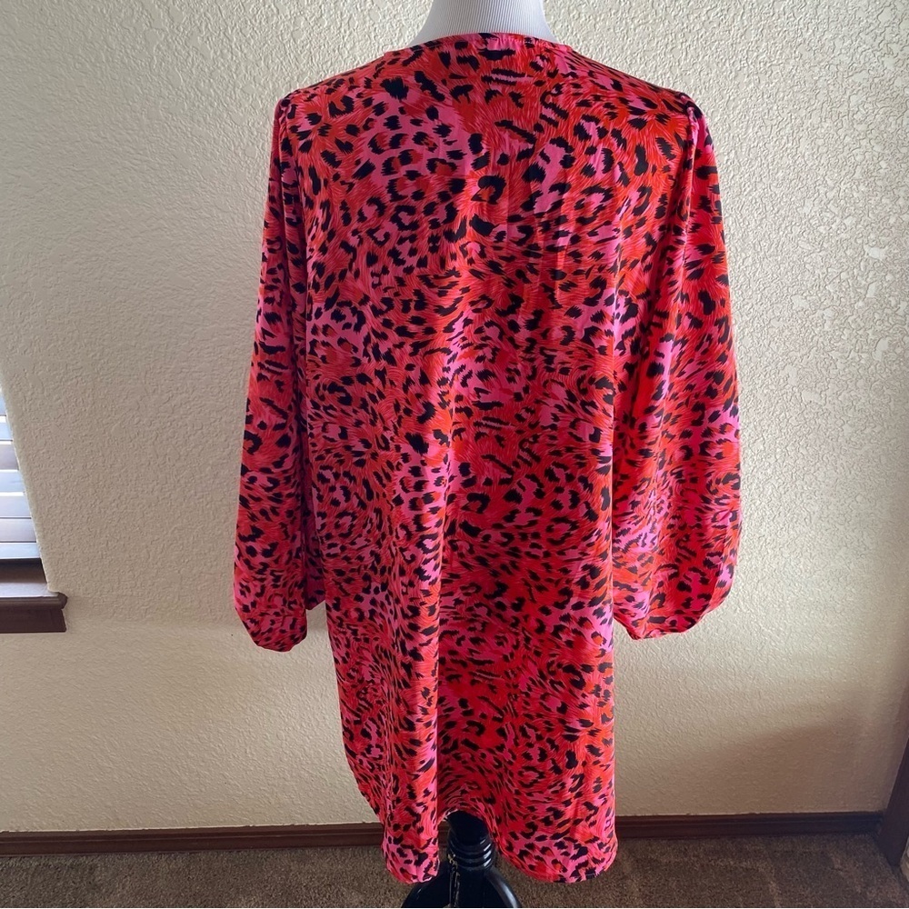 JODIFL Red Pink Leopard Print Long Sleeve Shift Dress - Picture 6 of 12
